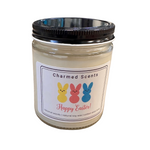 8 oz Happy Easter soy candle by Charmed Scents – festive spring candle in a glass jar with clean soy wax and floral scent, pastel label and gift-ready design, available at Be Charmed.