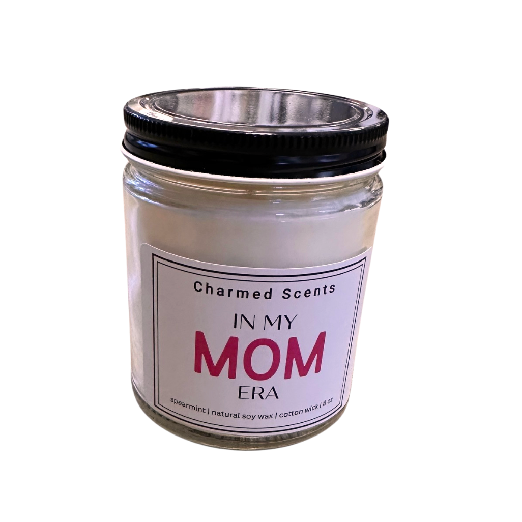8 oz In My Mom Era soy candle by Charmed Scents – clean-burning candle in a modern glass jar with fun mom-inspired label and soft scent, perfect for gifting, available at Be Charmed.