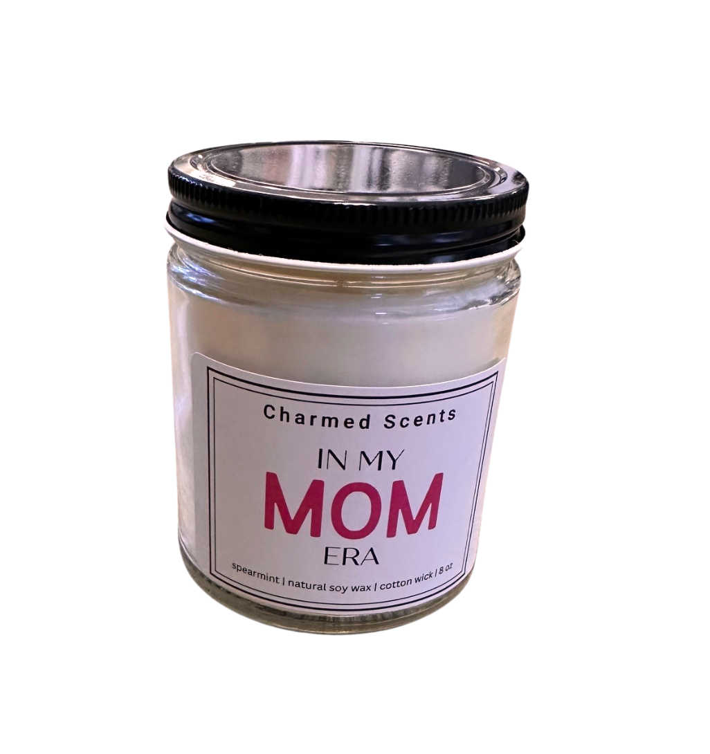 8 oz In My Mom Era soy candle by Charmed Scents – clean-burning candle in a modern glass jar with fun mom-inspired label and soft scent, perfect for gifting, available at Be Charmed.