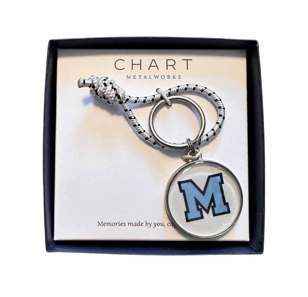 Medfield M Logo pewter key ring by Chart – handcrafted metal keychain featuring a raised Medfield "M" design in solid pewter, durable and locally inspired, available at Be Charmed.