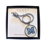 Medfield M Logo pewter key ring by Chart – handcrafted metal keychain featuring a raised Medfield "M" design in solid pewter, durable and locally inspired, available at Be Charmed.