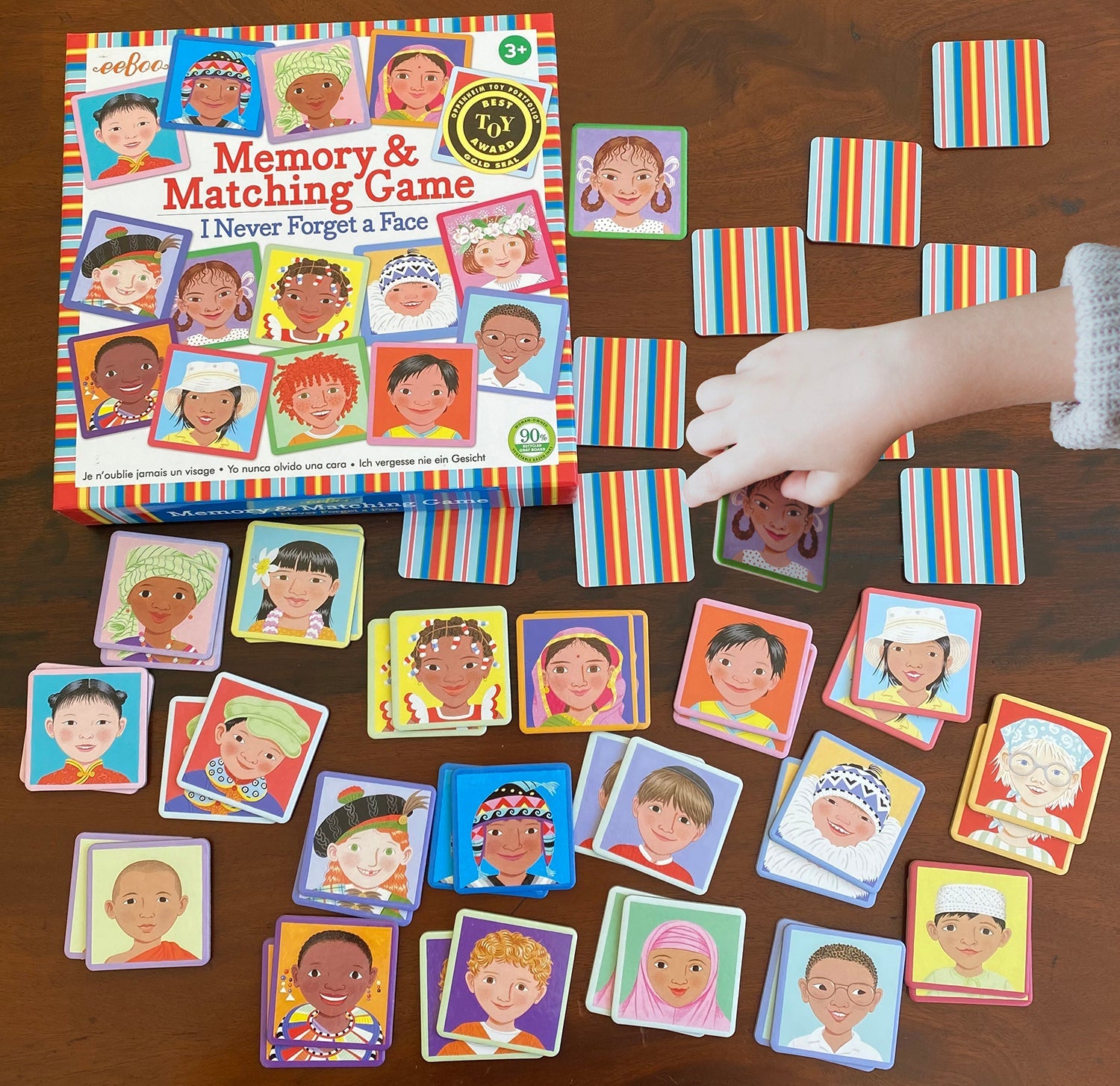 Pieces for eeBoo I Never Forget a Face Memory Matching Game – educational game for kids that builds memory and recognition skills. Available at Be Charmed.