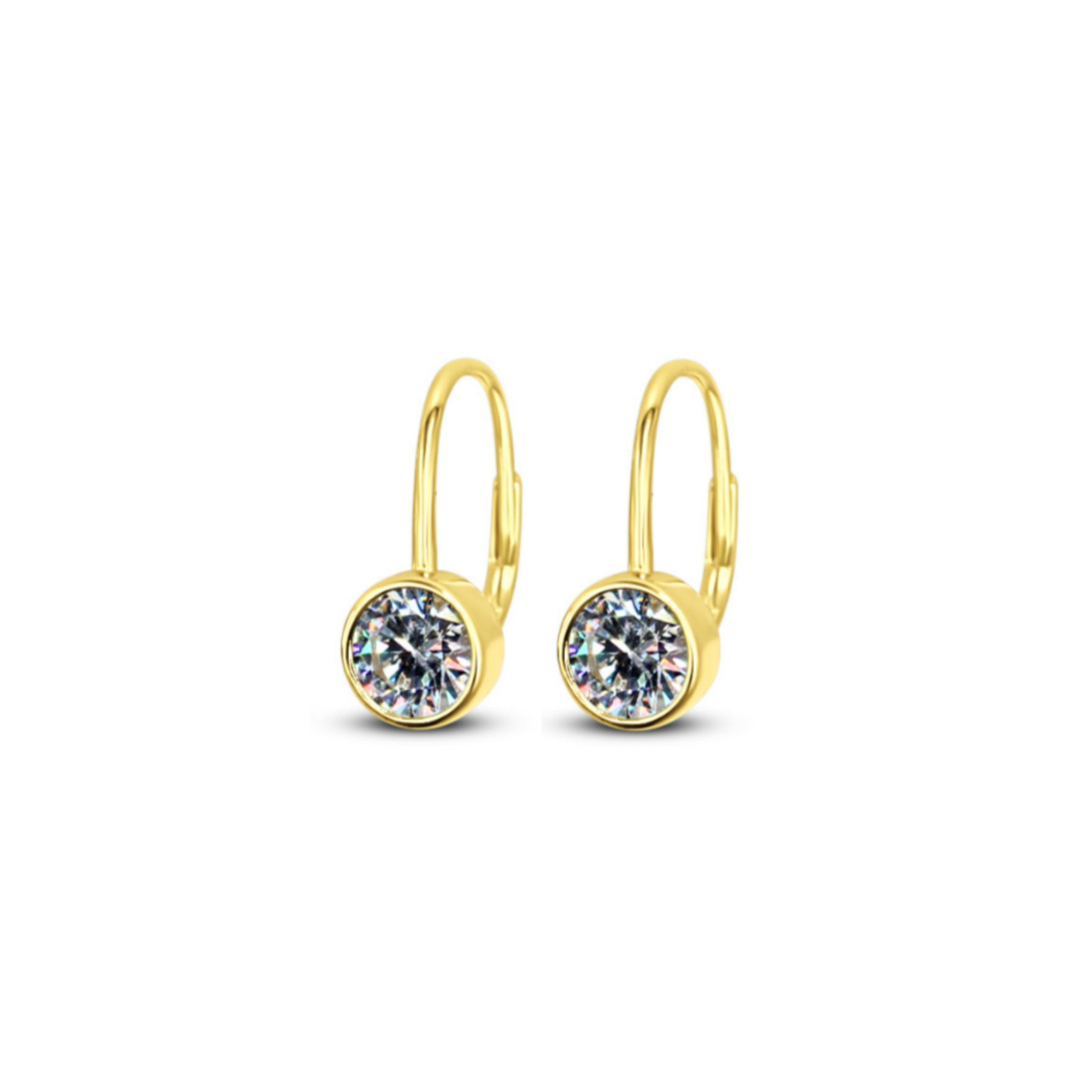 Chloe + Lois Gold hoop Leverback earrings with clear gemstones on a white background. Available at Be Charmed