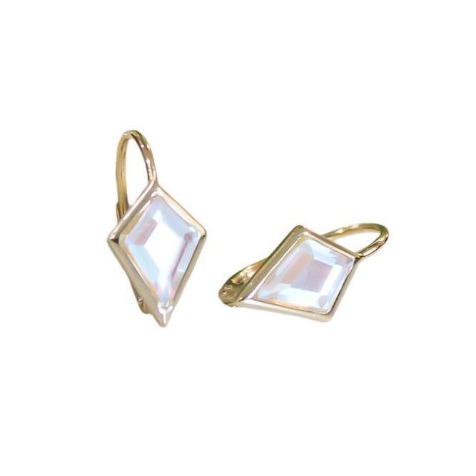 Angel Aura Quartz 14K gold kite leverback earrings by Chloe + Lois – faceted quartz stones with iridescent shimmer in gold-plated kite settings, elegant and lightweight, available at Be Charmed.