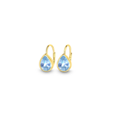 Chloe + Lois Gold earrings with aquamarine CZ gemstones on a white background. Available at Be Charmed