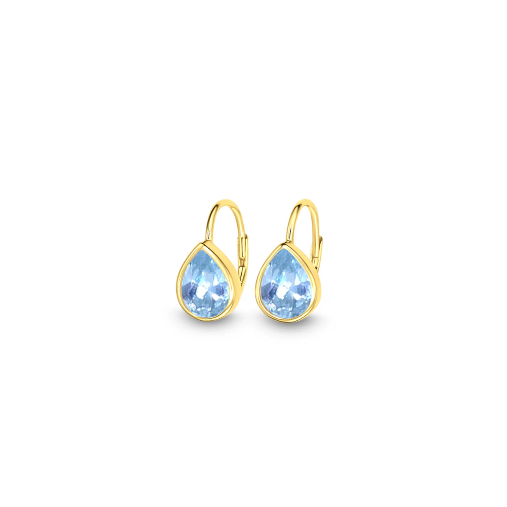 Chloe + Lois Gold earrings with aquamarine CZ gemstones on a white background. Available at Be Charmed