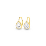 Chloe + Lois Gold teardrop earrings with white CZ gemstones on a white background. Available at Be Charmed
