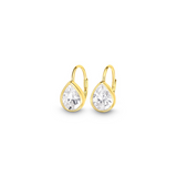 Chloe + Lois Gold teardrop earrings with white CZ gemstones on a white background. Available at Be Charmed