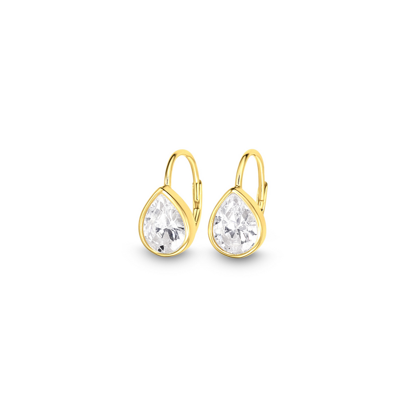 Chloe + Lois Gold teardrop earrings with white CZ gemstones on a white background. Available at Be Charmed