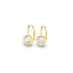 Chloe + Lois Heart-shaped leverback gold earrings with cwhite CZ gemstones on a white background. Available at Be Charmed
