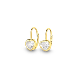 Chloe + Lois Heart-shaped leverback gold earrings with cwhite CZ gemstones on a white background. Available at Be Charmed