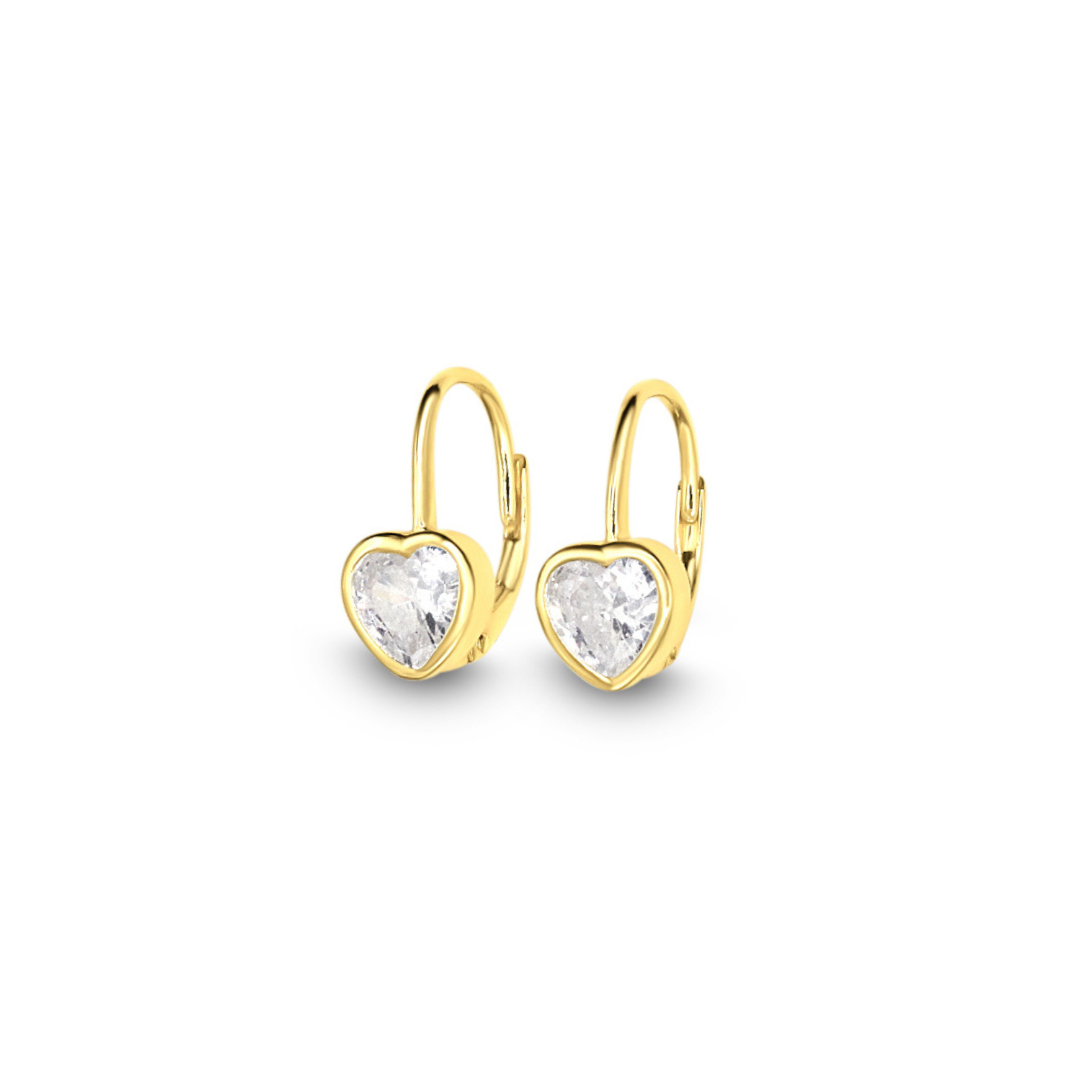 Chloe + Lois Heart-shaped leverback gold earrings with cwhite CZ gemstones on a white background. Available at Be Charmed