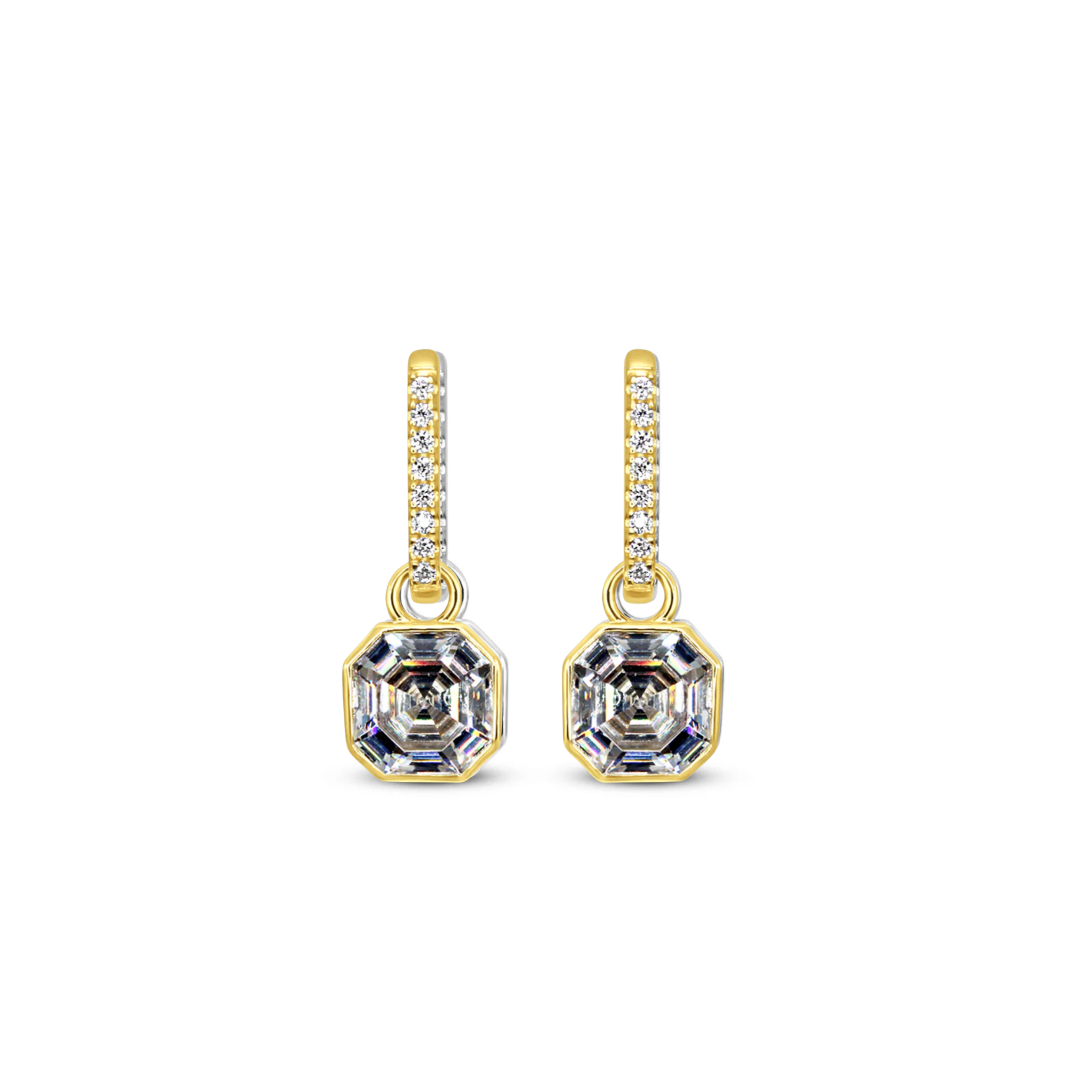 Chloe + Lois Gold earrings with diamond accents on a white background. Available at Be Charmed