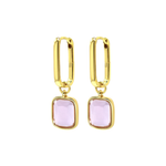 Chloe + Lois Gold hoop earrings with pink gemstones on a white background. Available at Be Charmed
