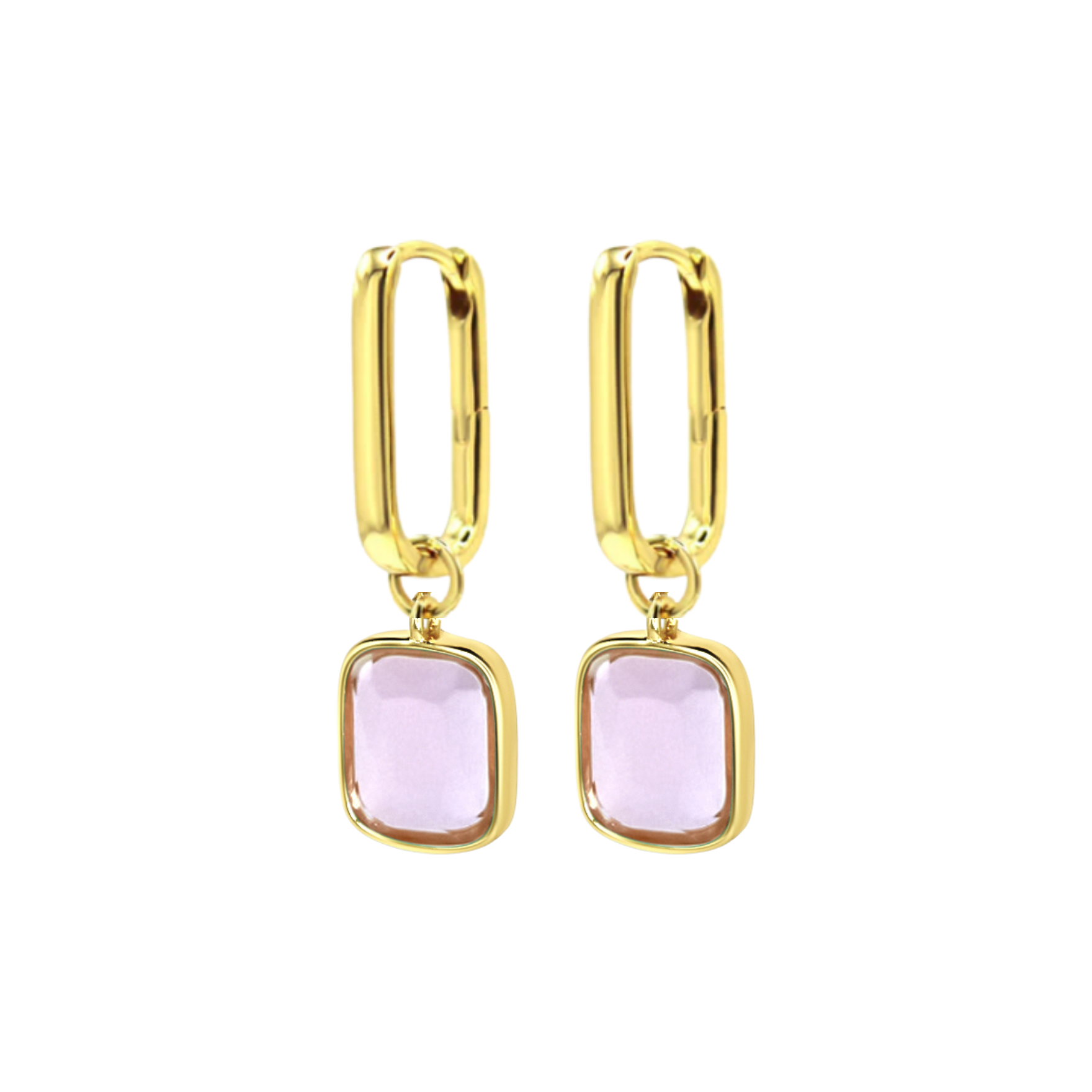 Chloe + Lois Gold hoop earrings with pink gemstones on a white background. Available at Be Charmed