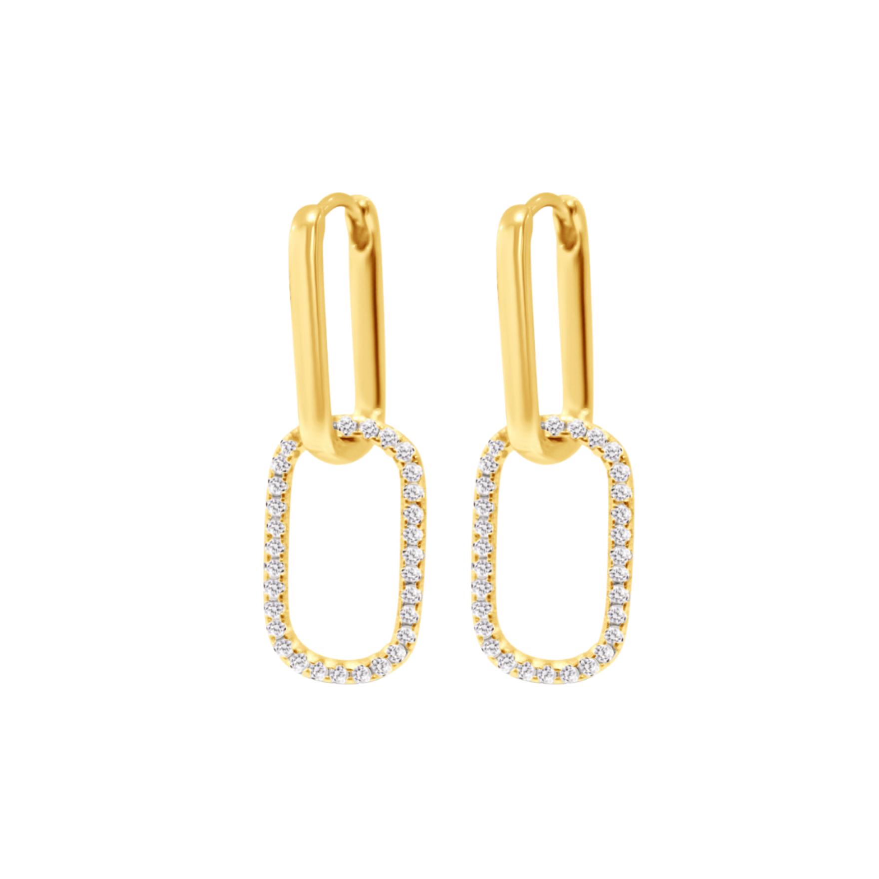 Chloe + Lois Gold hoop earrings with embedded diamonds on a white background. Available at Be Charmed