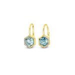 Chloe + Lois Gold earrings with Aquamarine CZ gemstones on a white background. Available at Be Charmed