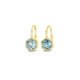 Chloe + Lois Gold earrings with Aquamarine CZ gemstones on a white background. Available at Be Charmed