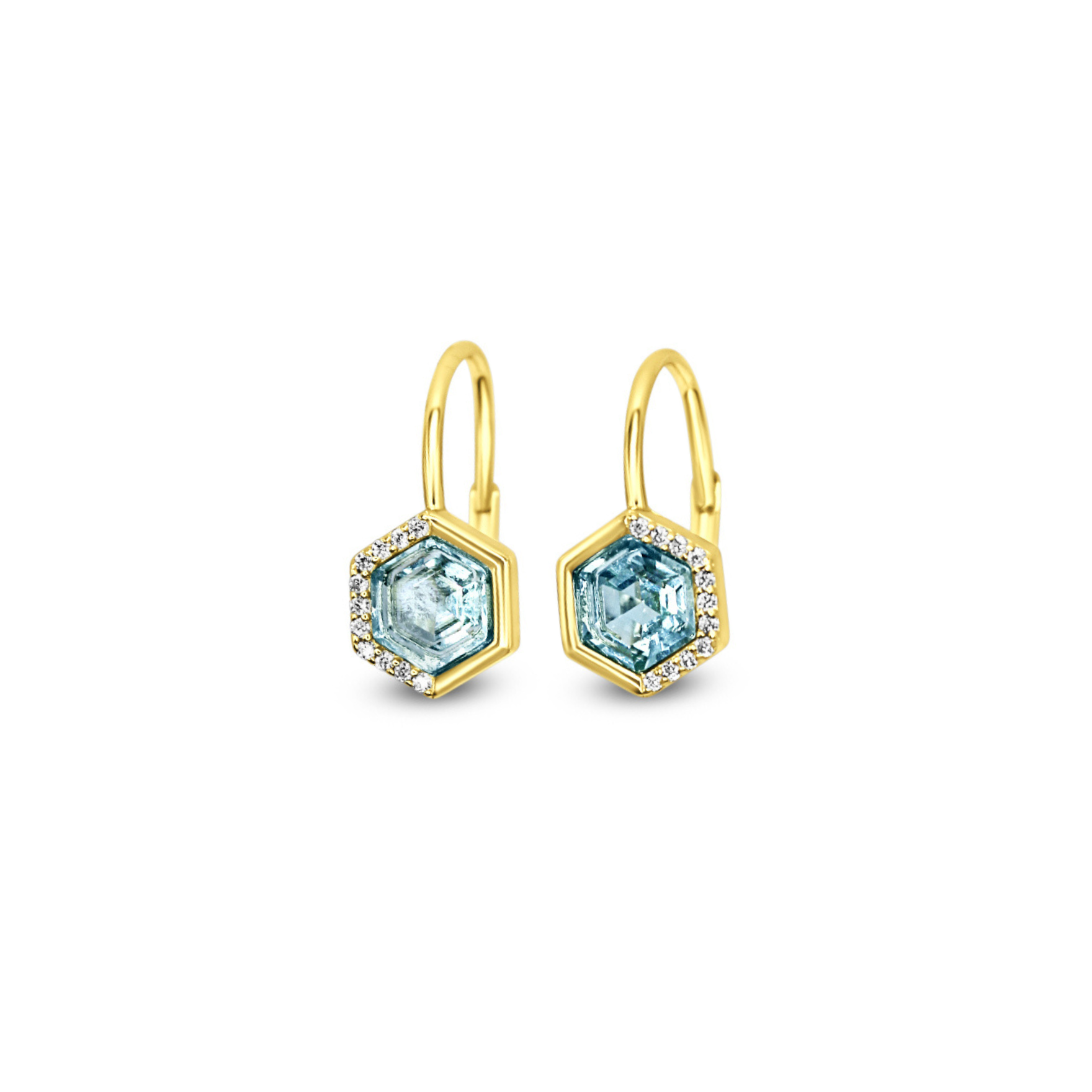 Chloe + Lois Gold earrings with Aquamarine CZ gemstones on a white background. Available at Be Charmed
