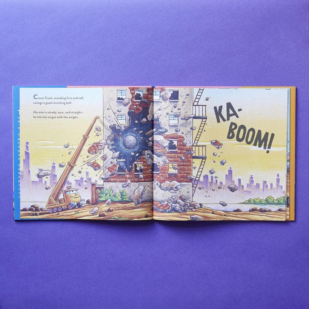 Opened Illustrated hardcover of Construction Site Mission: Demolition! featuring trucks crushing and sorting rubble—Available at Be Charmed