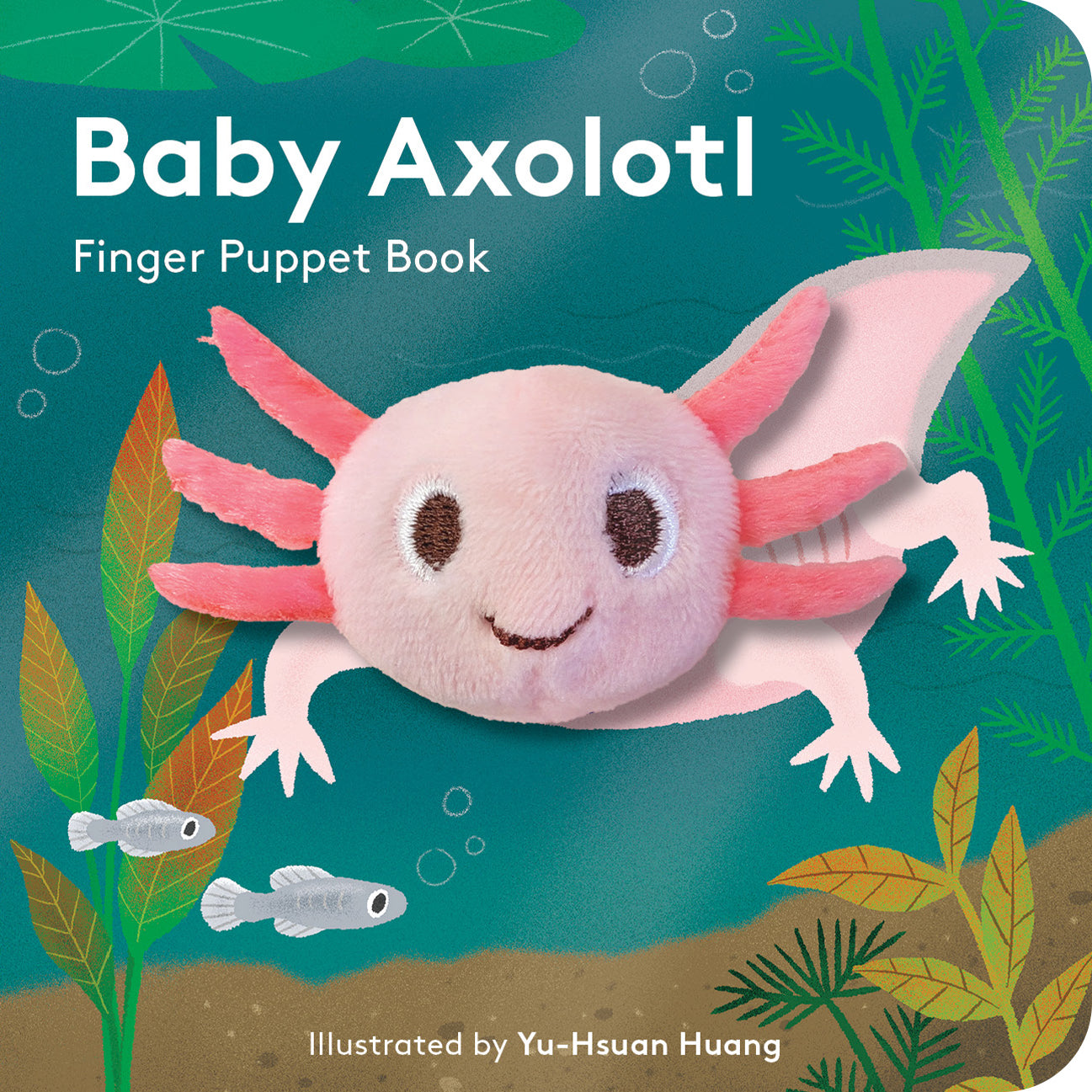Board book with plush axolotl finger puppet on cover, under water scene—Available at Be Charmed