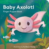 Board book with plush axolotl finger puppet on cover, under water scene—Available at Be Charmed