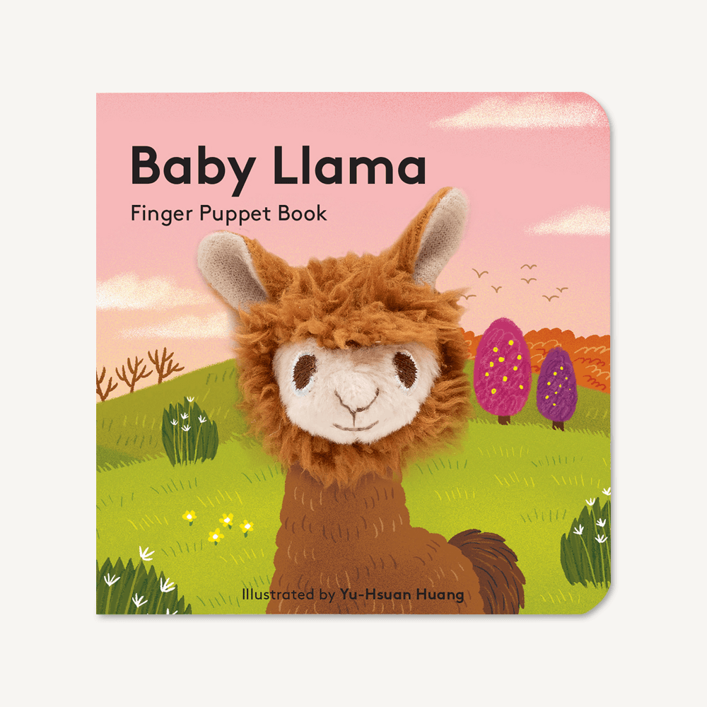 Baby Llama Finger Puppet Book by Chronicle Books – interactive board book with built-in soft llama puppet, perfect for babies and toddlers, encourages play and early learning, available at Be Charmed.