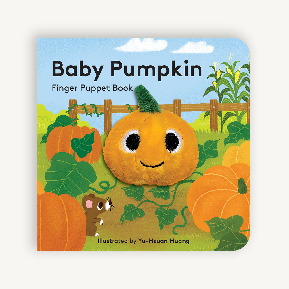 Halloween-themed board book with plush pumpkin finger puppet and colorful illustrations—Available at Be Charmed