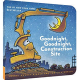 Colorful board book cover showing a crane, dump truck, and bulldozer at dusk from Goodnight, Goodnight, Construction Site—Available at Be Charmed