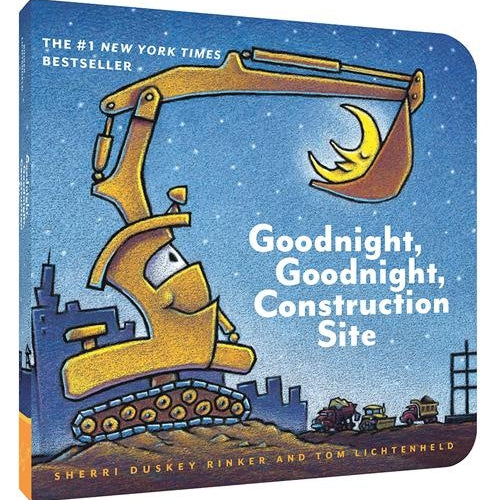 Colorful board book cover showing a crane, dump truck, and bulldozer at dusk from Goodnight, Goodnight, Construction Site—Available at Be Charmed
