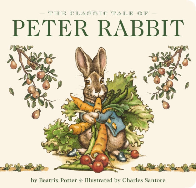 Book cover of 'The Classic Tale of Peter Rabbit' with a vintage illustration of Peter Rabbit eating vegetables. Available at Be Charmed