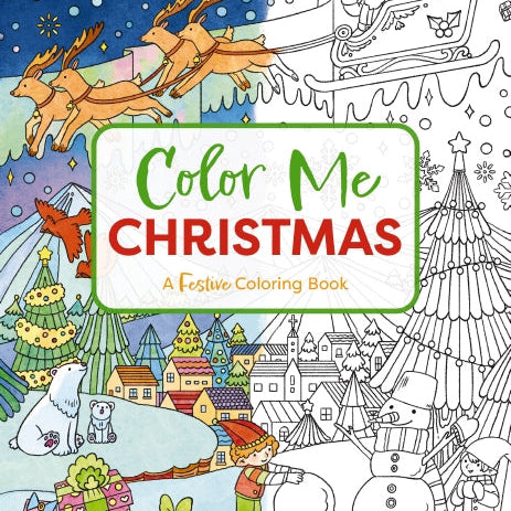 Color Me Christmas adult coloring book featuring festive holiday scenes like gingerbread houses, Santa, and candy canes—Available at Be Charmed