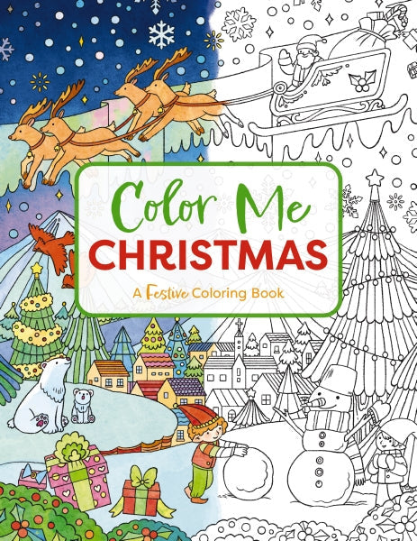 Color Me Christmas adult coloring book featuring festive holiday scenes like gingerbread houses, Santa, and candy canes—Available at Be Charmed
