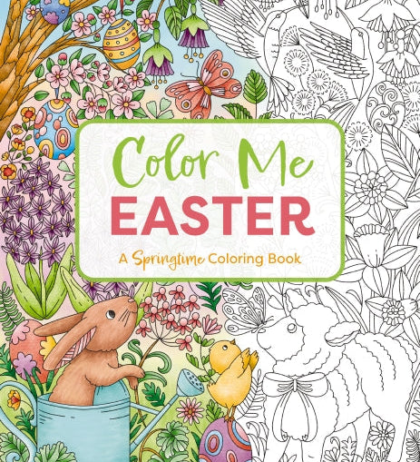 Color Me Easter coloring book cover with Easter-themed illustrations and text. Available at Be Charmed