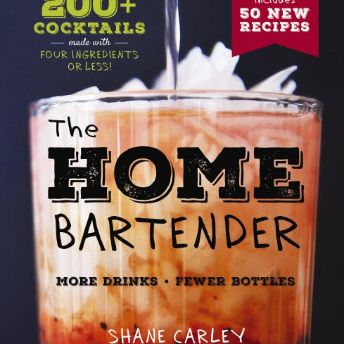 Book cover of 'The Home Bartender' with a cocktail image and text about cocktails made with four ingredients or less. Available at Be Charmed