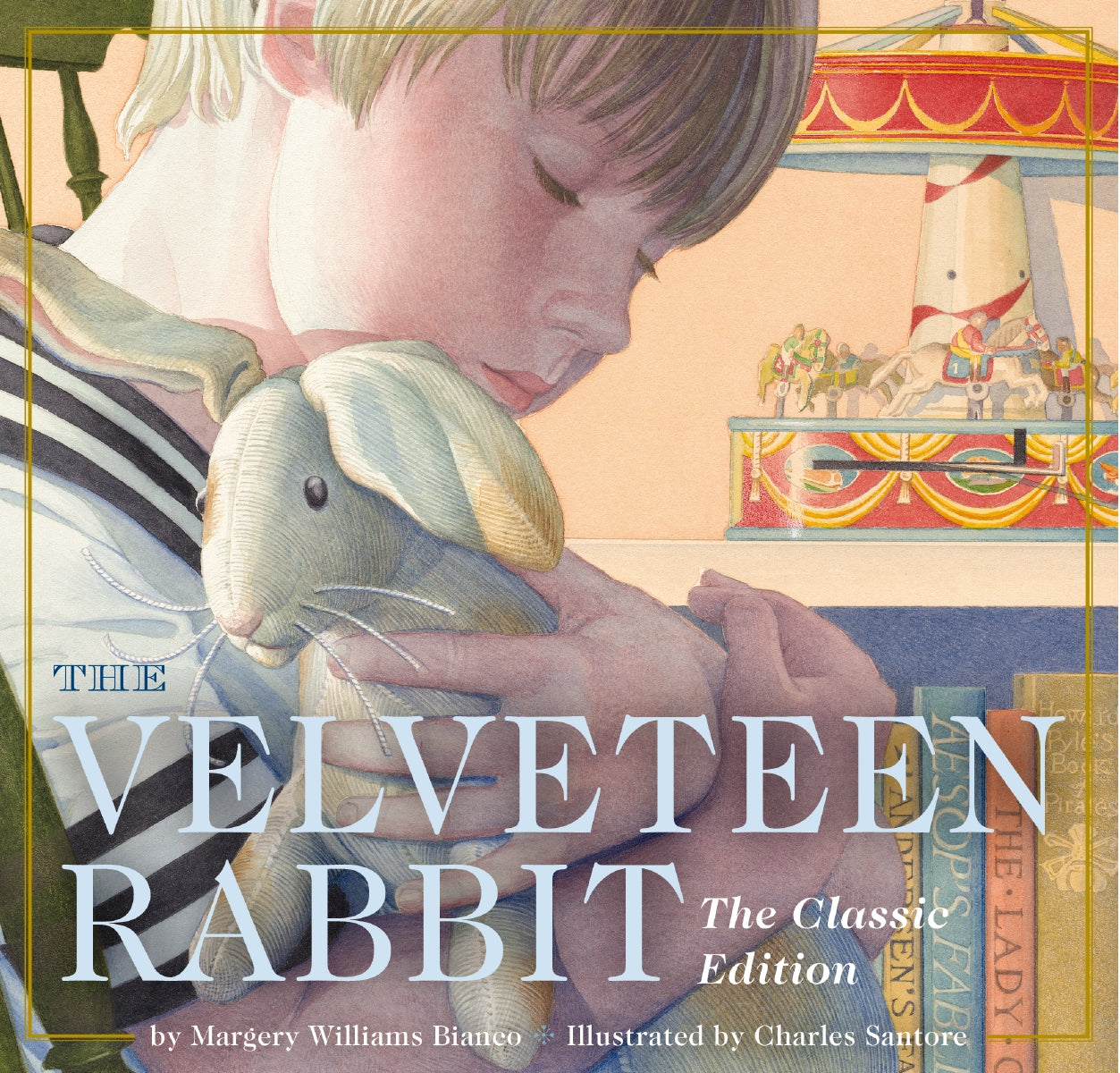 Book cover of 'The Velveteen Rabbit' with a child holding a rabbit toy. Available at Be Charmed
