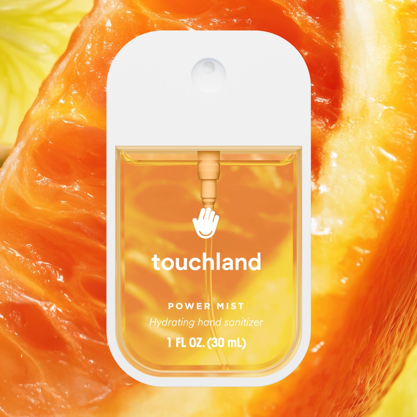 Touchland power mist hand sanitizer packaging on an orange background. Available at Be Charmed