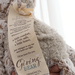 Demdaco Giving Bear plush toy in soft brown fur with close up picture of stitched message tag, available at Be Charmed.