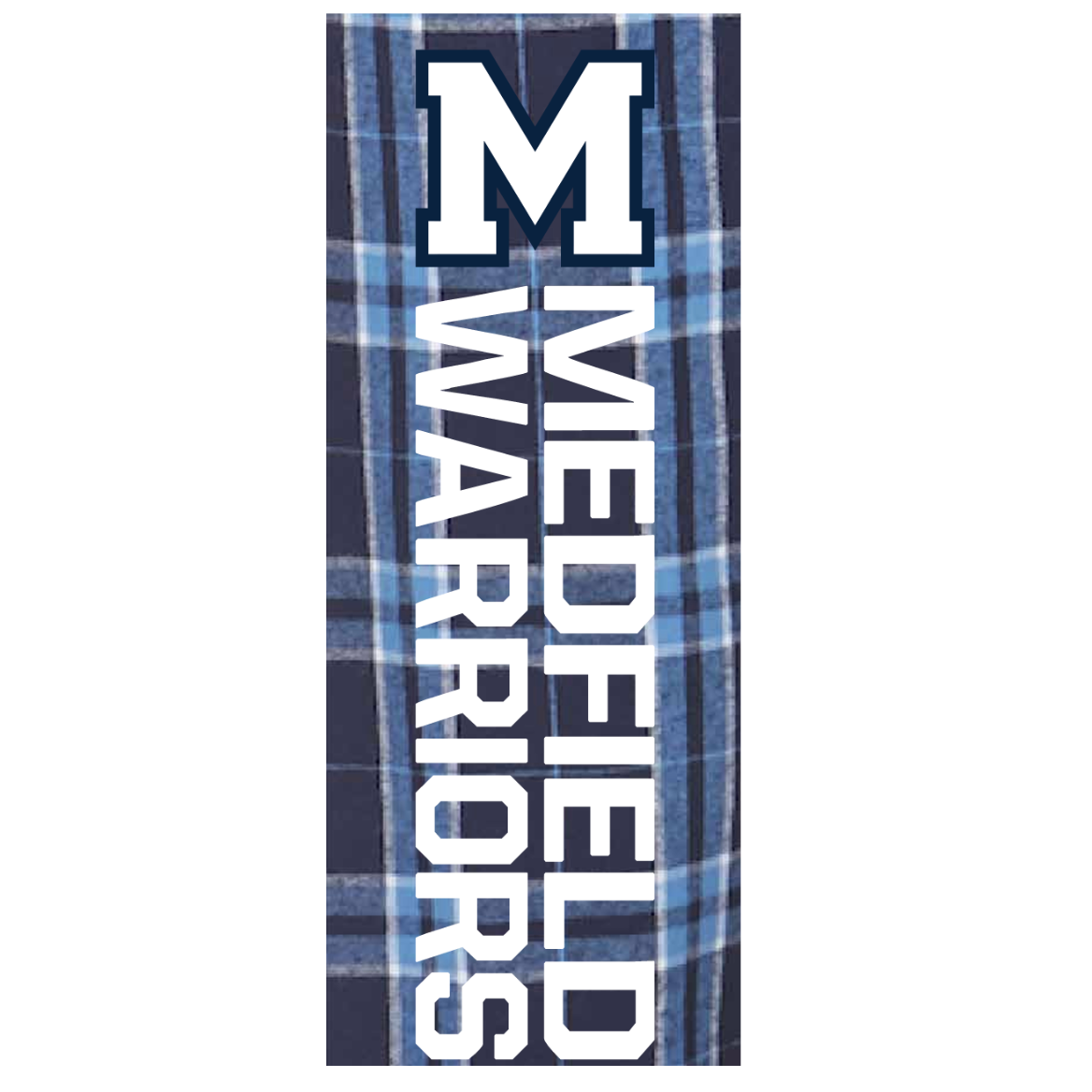 Close uo view of Boxercraft Ladies Medfield Warrior flannel pants in soft plaid cotton with drawstring waist and Medfield logo, available at Be Charmed.