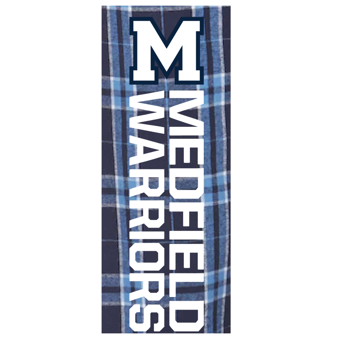 Close uo view of Boxercraft Ladies Medfield Warrior flannel pants in soft plaid cotton with drawstring waist and Medfield logo, available at Be Charmed.