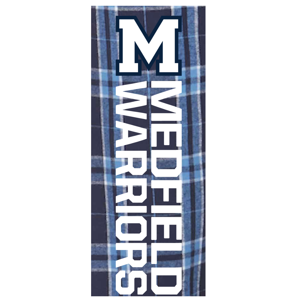 Close up view of Boxercraft men's Medfield Warriors flannel pants in soft cotton with drawstring waist and team logo, available at Be Charmed.