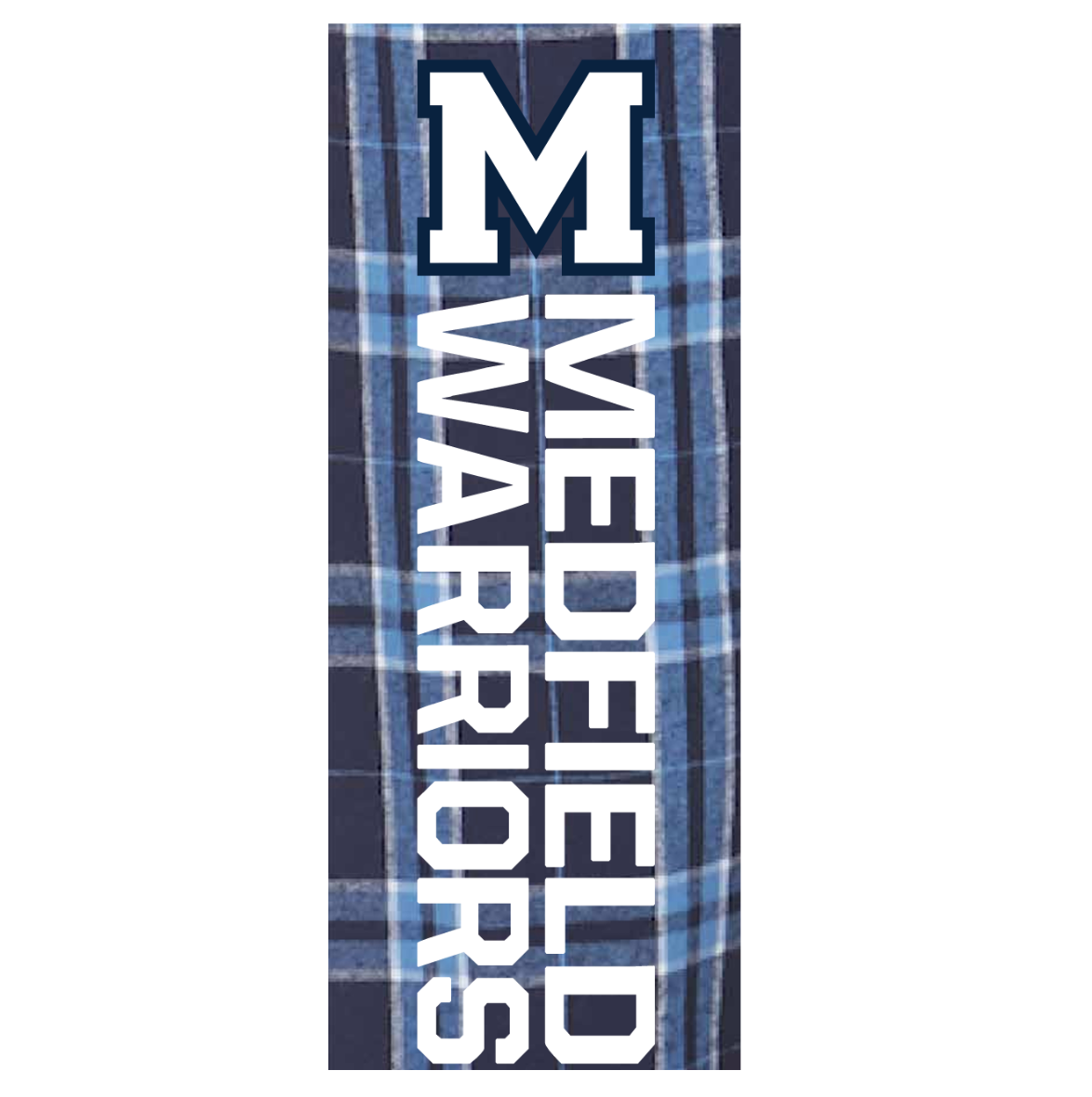 Close up view of Boxercraft men's Medfield Warriors flannel pants in soft cotton with drawstring waist and team logo, available at Be Charmed.