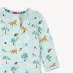 Magnetic Me Central Bark Modal Footie featuring a playful dog print on a soft blue background, designed for easy dressing. Available at Be Charmed.