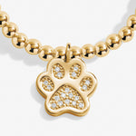 Gold necklace with a paw-shaped pendant on a white background. Available at Be Charmed