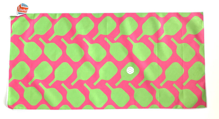 15″×30″ Clutch Towels pink and green pickleball-themed towel, lightweight, quick-dry, and perfect for players. Available at Be Charmed
