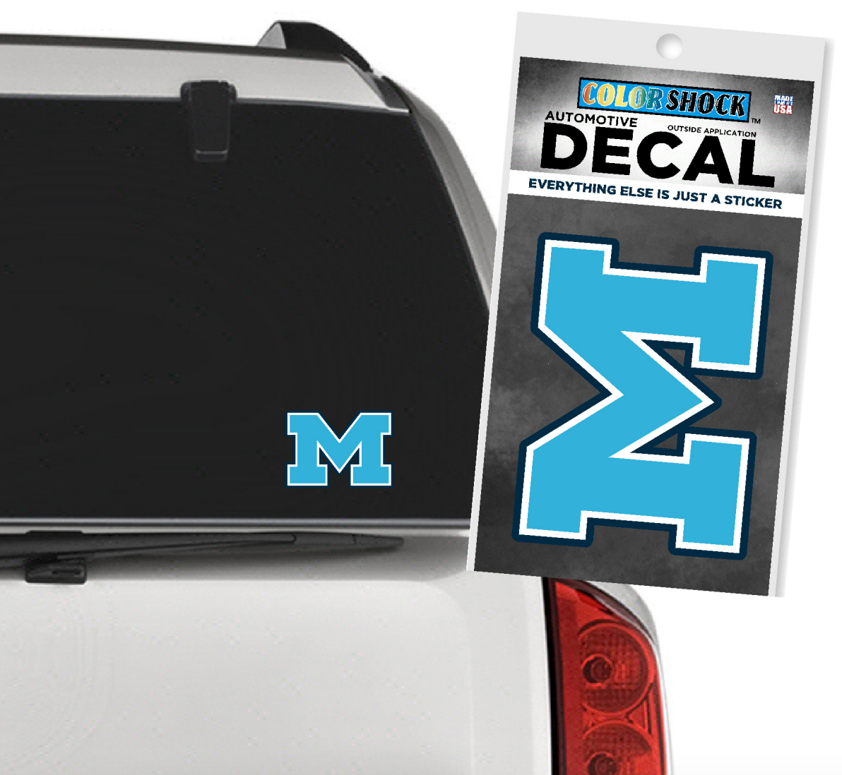 Bold vinyl “M” sticker in school colors representing Medfield with weather-resistant adhesive—Available at Be Charmed