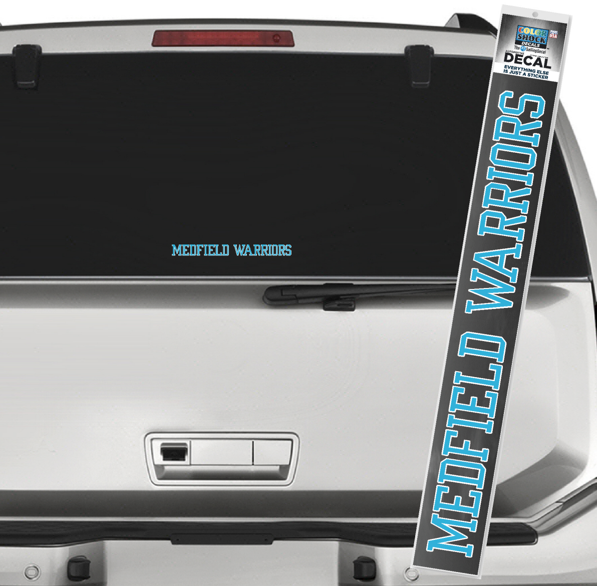 Bold “Warriors” vinyl car decal reading “Medfield” with warrior helmet icon, weather‑proof and fade‑resistant—Available at Be Charmed