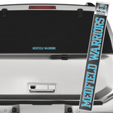 Bold “Warriors” vinyl car decal reading “Medfield” with warrior helmet icon, weather‑proof and fade‑resistant—Available at Be Charmed