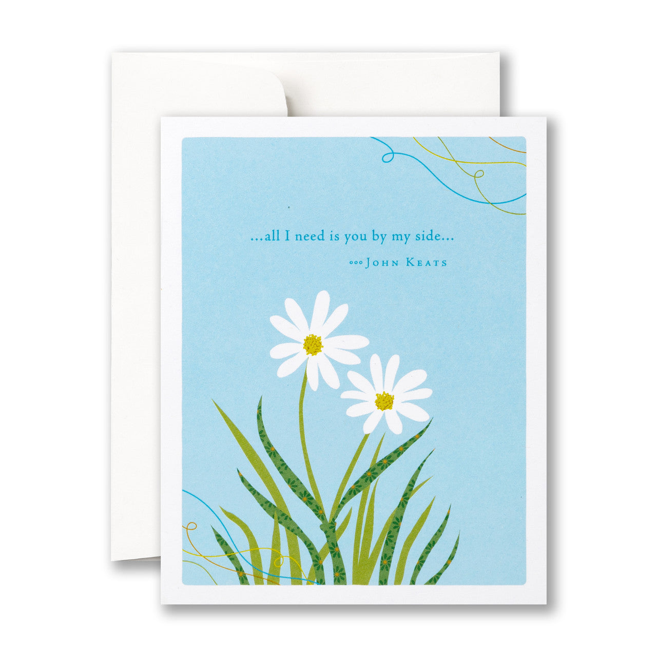 Greeting card with daisies and a quote on a blue background. Available at Be Charmed