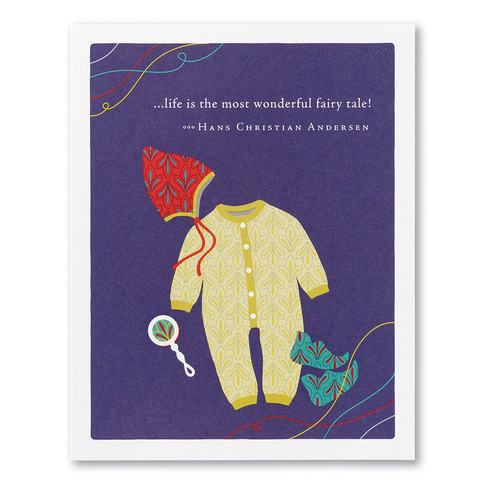 Illustration of a baby outfit with a red bonnet on a purple card with a quote by Hans Christian Andersen. Available at Be Charmed